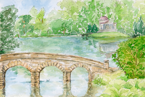 Stourhead Garden. The Palladian Bridge and Pantheon. Stourhead, UK.