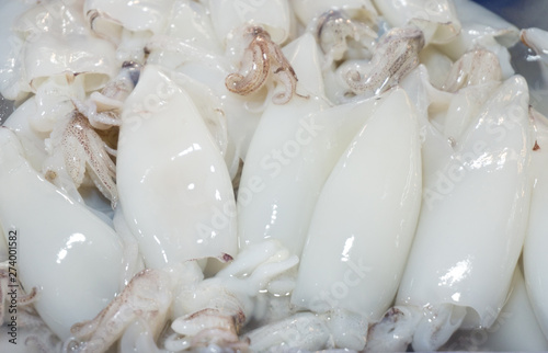 Fresh squid and fresh tentacles on ice at supermarket,big octopus,seafood for cooking