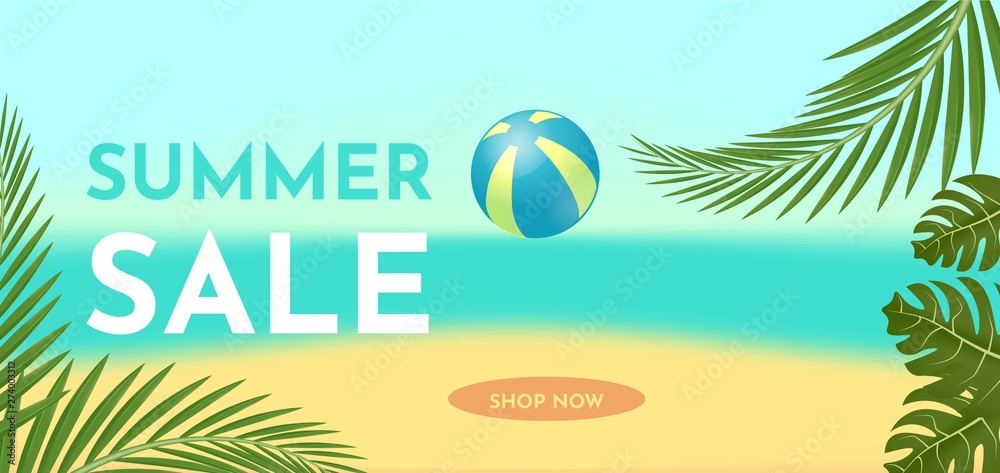Naklejka premium Summer sale banner template with tropic leaves. Hot offer concept. Vector illustration.