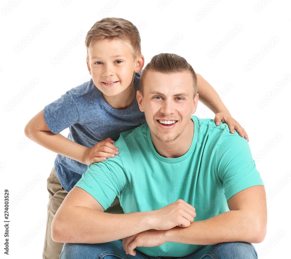 Portrait of happy father and son on white background Portrait of happy father and son on white background