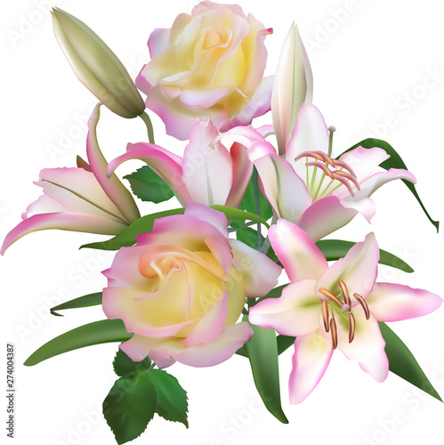 isolated bunch of cream lilies and pink roses