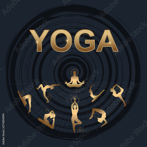 21 june-international yoga day, yoga body posture, human silhouette in gold, vector illustration - Vector