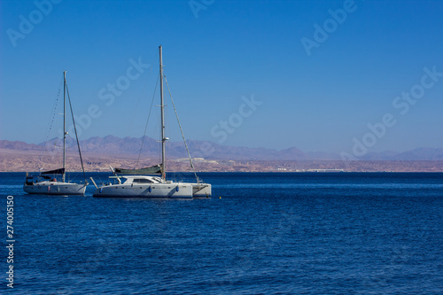 cruise vacation bright concept photography of two white speed yachts on Gulf of Aqaba Red sea bay calm water surface with Jordanian desert mountain ridge background 