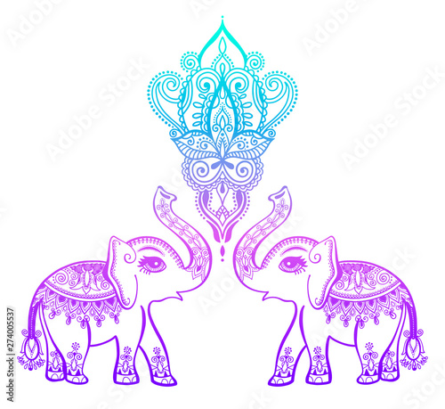 indian floral pattern with elephant, henna mehndi tattoo design photo