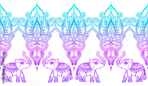 indian floral pattern with elephant, henna mehndi tattoo design