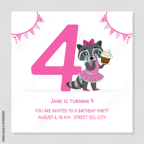 Happy Birthday 4 Years Banner Template, Birthday Anniversary Number with Cute Raccoon Girl Animal, Bright Festive Vector Illustration