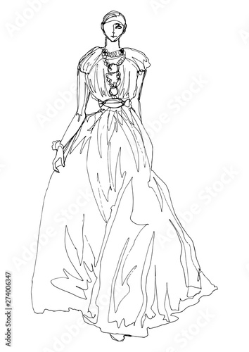 Fashion women illustration in long dress. Fashion illustration silhouette of model in line sketching. Hand drawn young model art. Woman in long dress with pleats in black ink lines illustration 
