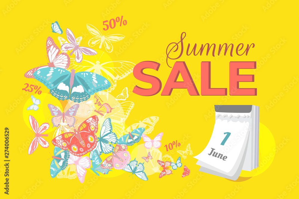 Summer sale banner with colorful butterflies flying from calendar on yellow background. Vector illustration.