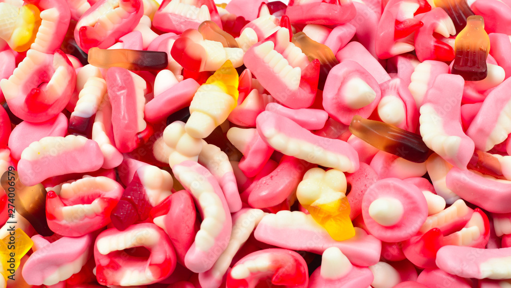 Assorted gummy candies. Top view. Jelly sweets. Assorted gummy candies. Top view. Jelly sweets.