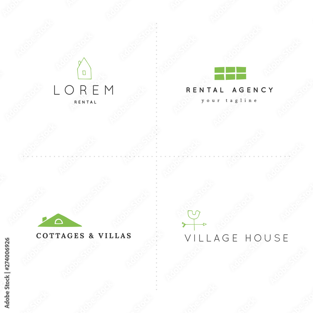 House rental theme. Set of vector hand drawn logo templates in colour. House rental theme. Set of vector hand drawn logo templates in colour.