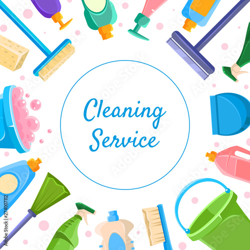 Cleaning Service Banner Template, Various Cleaning Tools and Detergents Products Vector Illustration