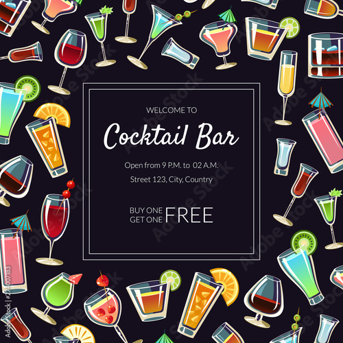 Welcome to Cocktail Bar Banner Template, Alcoholic Beverages, Restaurant, Cafe, Party Invitation, Card, Flyer Vector Illustration