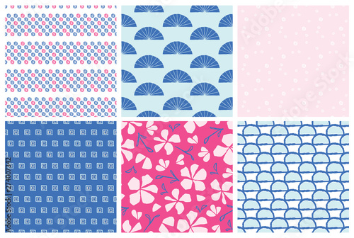 Set of seamless hand drawn patterns. Vector traditional Japanese surface design. Florals and abstract illustrations.