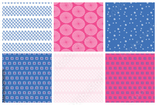 Set of seamless hand drawn patterns in pink and blue colours. Vector Japanese traditional surface design.