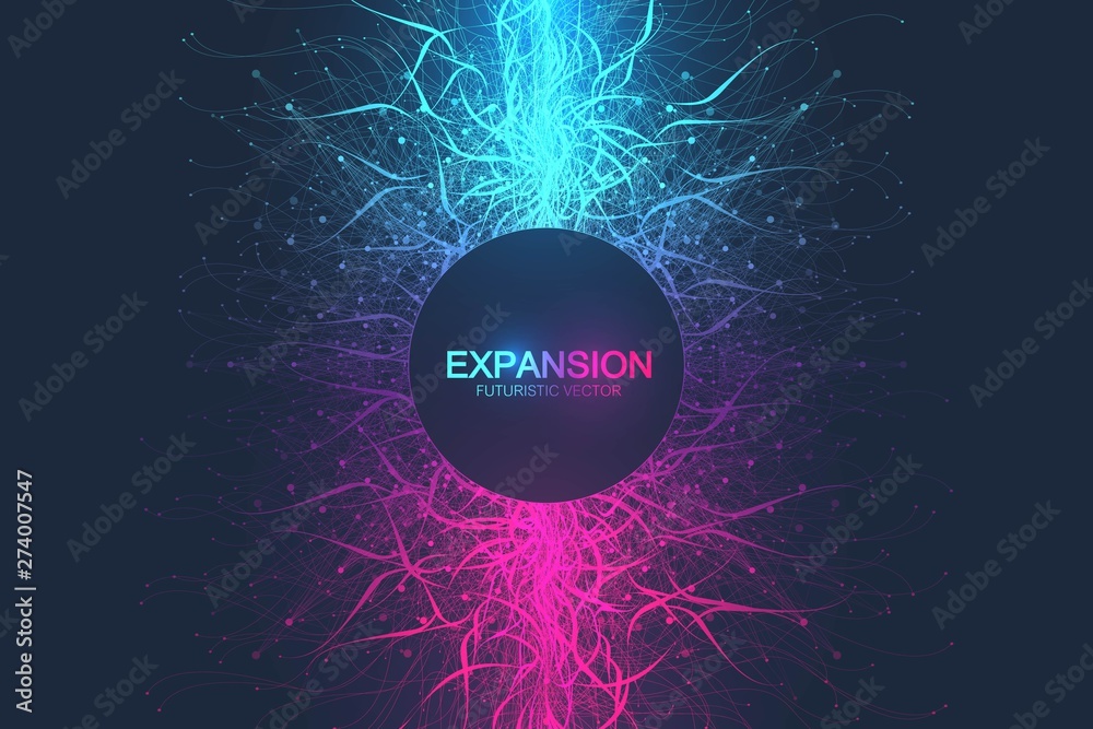 Geometric abstract background expansion of life. Colorful explosion background with connected line and dots, wave flow. Graphic background explosion, motion burst. Scientific vector illustration. - obrazy, fototapety, plakaty 