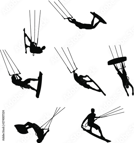 set of silhouettes of kitesurfers, kiteboarding, watersports