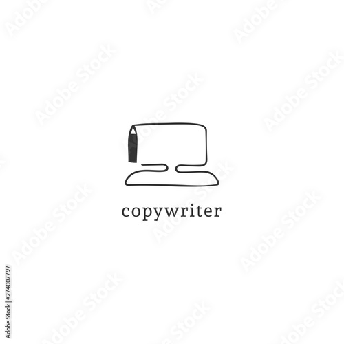 A pen drawing computer, vector hand drawn logo template. Writing, copywrite and publishing theme.