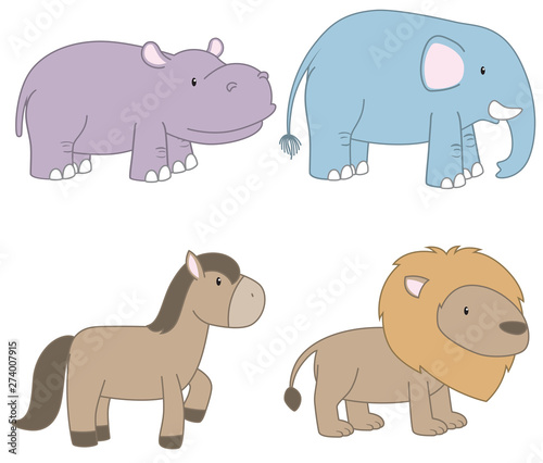 4 pastel color cute animal Elephant hippo horse and lion with white background