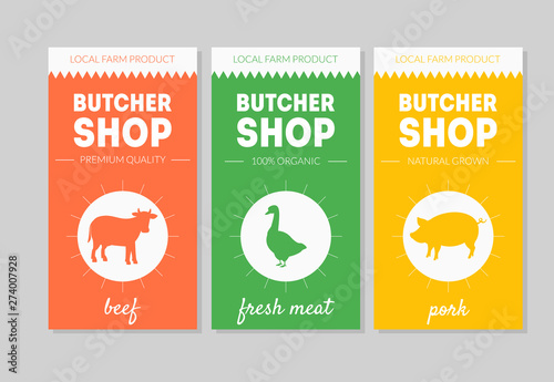 Butcher Shop Packaging Labels Set, Beef, Fresh Meat, Pork Vector Illustration
