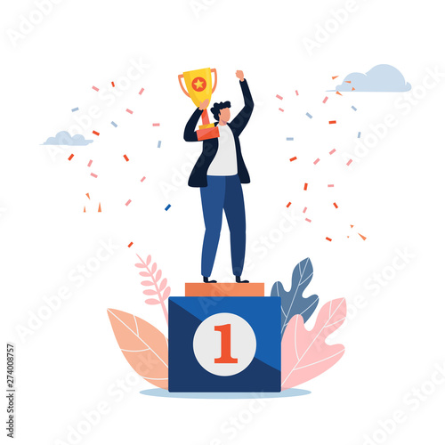 The man standing on a winners pedestal with a golden cup. People vector illustration. Flat cartoon character graphic design. Landing page template,banner,flyer,poster,web page