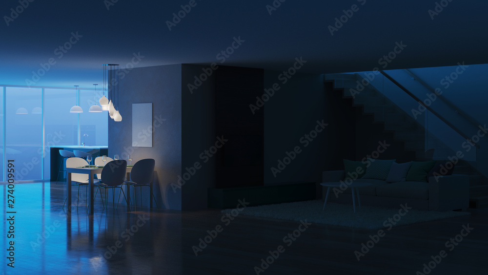 Obraz premium Modern house interior. Night. Evening lighting. 3D rendering.