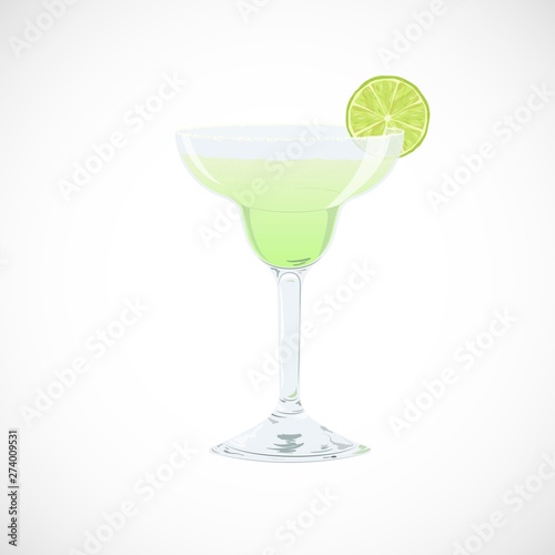 Vector illustration of glass of classic Margarita cocktail isolated on white background. Summer drink with slice of lime for party, design, bar, menu.