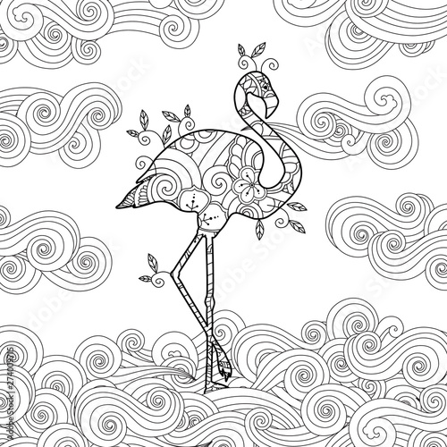 Coloring page with doodle style flamingo in the river.