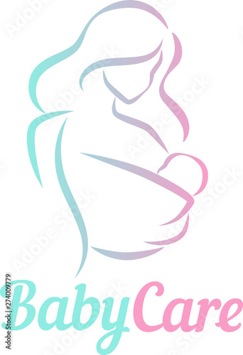 logo with mother and child in baby sling. Logo design vector template. Logotype concept icon