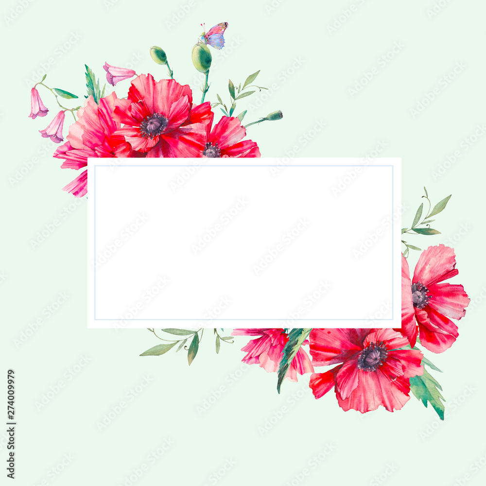 Watercolor frame with poppy flowers and leaves. Hand painted card background with floral elements on white background. Botanical border