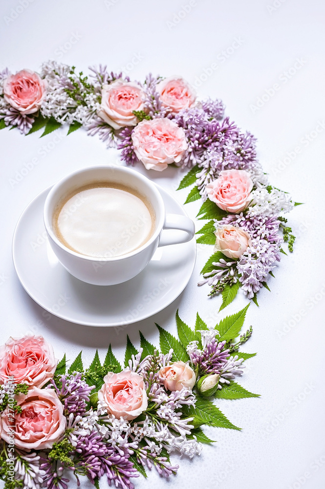 Vertical web banner. Frame of flowers: rose, lilac, rowan leaves and cup coffee on a white background. Floral pattern. Vertical web banner. Frame of flowers: rose, lilac, rowan leaves and cup coffee on a white background. Floral pattern.
