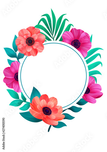 Floral circle frame. Tropical flowers trendy template. Summer Design with bea...