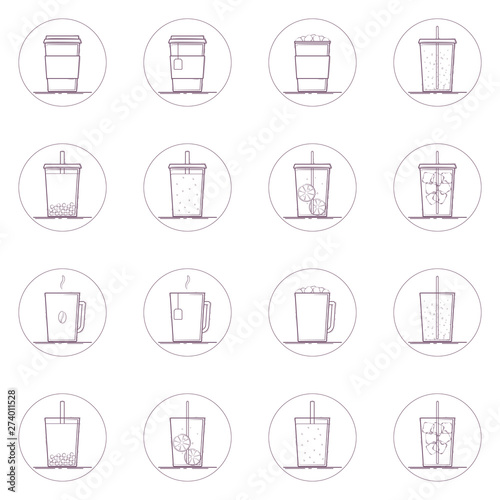 Vector set of beverage icons. Hot and cold drinks: coffee, tea, marshmallow cocoa, hot chocolate, bubble tea, lemonade, sparkling water, smoothie. Line icon in circle. Isolated on white background.
