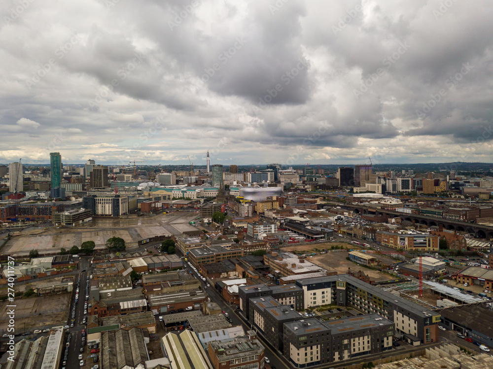 Aerial view of the city centre skyline of Birmingham, UK
