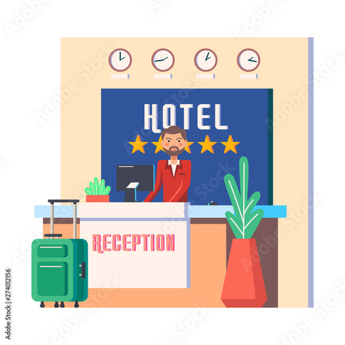 Man at hotel hall or male at hostel reception