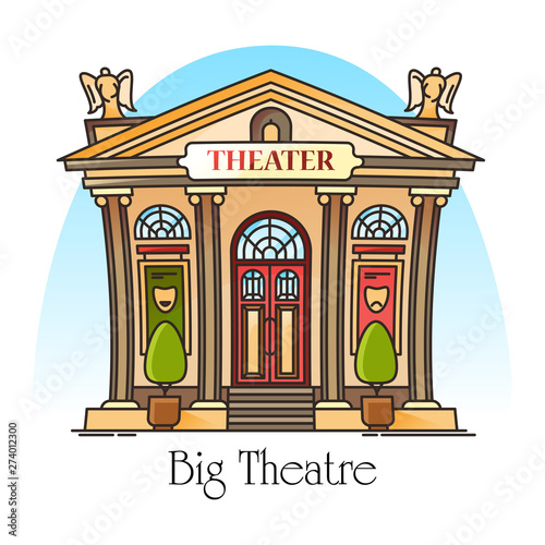 Theater building in thin line with mask, angels
