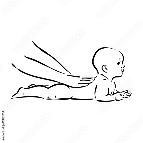 Vector hand drawn illustration of baby massage process on white background