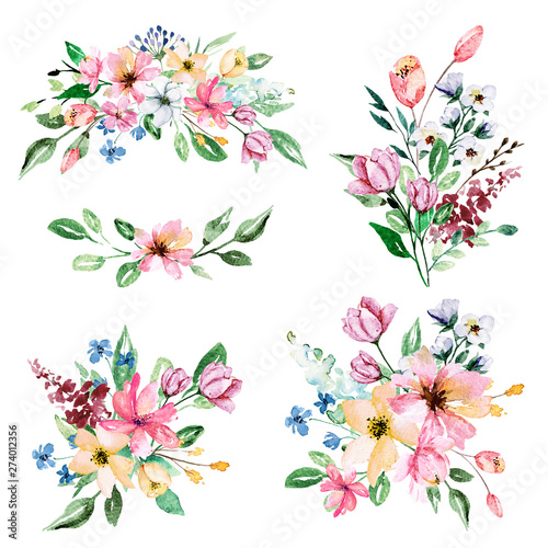 Fototapeta Naklejka Na Ścianę i Meble -  Floral set with watercolor flowers, bright bouquets hand painting. Summer holiday illustrations isolated on white background. 