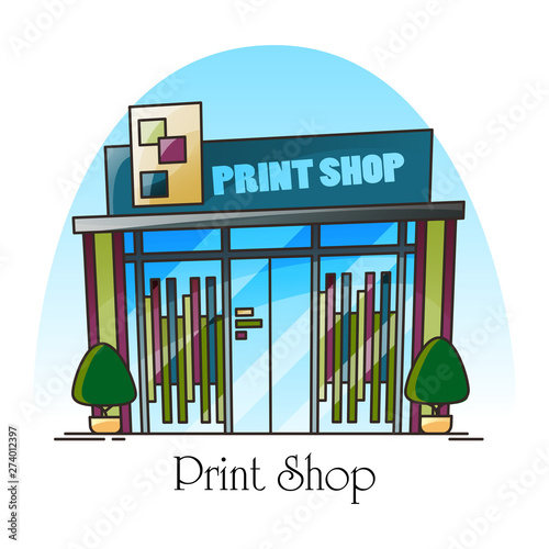 Print shop building facade in thin line. Exterior