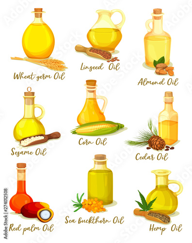 Set of isolated bottles or jars with different oil