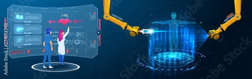 Industrial machine robotic robot arm changes the DNK of a person. Scientists or researchers analyzing DNA molecule. Genetic engineering biotechnology and genome modification. Sci, HUD, GUI, UI medical