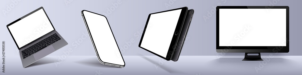Set realistic of modern devices mockups with blank frameless screens: monitor, laptop, tablet, smartphone. Template for infographics or presentation. Vector illustration Set realistic of modern devices mockups with blank frameless screens: monitor, laptop, tablet, smartphone. Template for infographics or presentation. Vector illustration