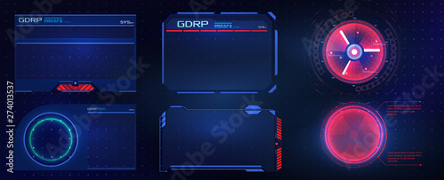 HUD UI GUI futuristic user interface screen elements set. High tech screen for video game. Sci-fi concept design. Vector abstract graphic design.Warning frame. Abstract tech design. Technology design