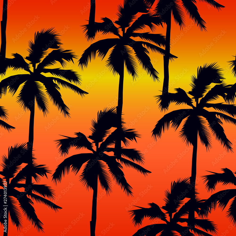 Vector illustration of a hand drawn palm . Seamless vector pattern with tropical trees on an orange background.