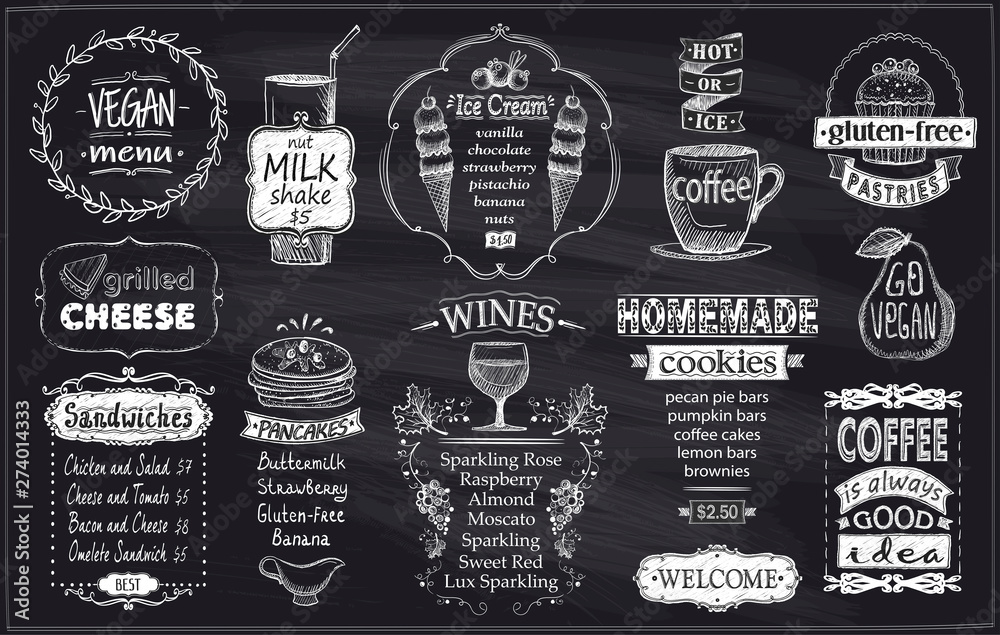 Chalkboard menu concept with vegan menu, gluten free meal, sandwiches, pancakes, wines, homemade cookies, etc.