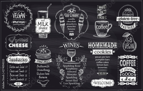 Chalkboard menu concept with vegan menu, gluten free meal, sandwiches, pancakes, wines, homemade cookies, etc.
