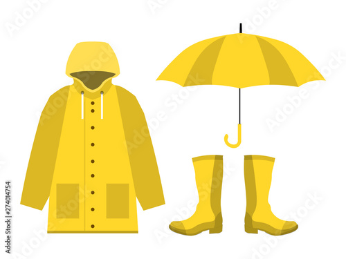 raincoat, rubber boots, open umbrella, set of rainy season in flat on white background design vector