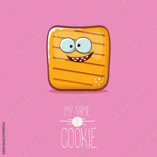 vector funny cookie character isolated on pink background. My name is cookie concept illustration. funky food character or bakery label mascot
