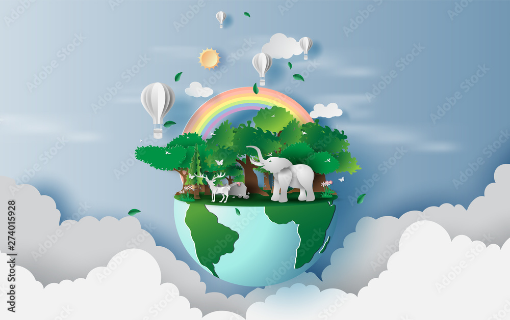 illustration of reindeer in green forest,Creative world environment and earth day concept.landscape Wildlife with elephant in green nature plant by area around balloons on sky. paper cut ,craft.vector