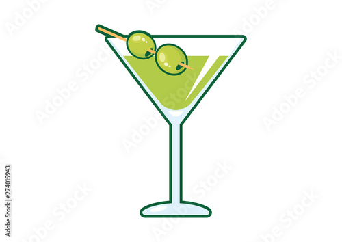 Martini drink with olive vector. Martini glass with olive icon. Glass of martini vector. Olive Martini cartoon