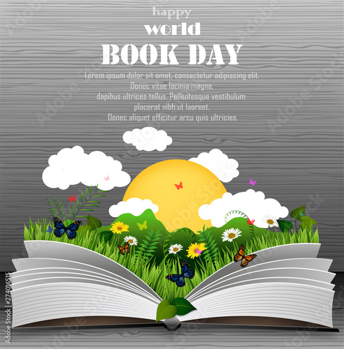 World book day with Open book and green grass